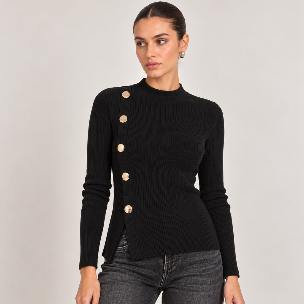 Maglia a coste bottoni e spacco slim fit Nero