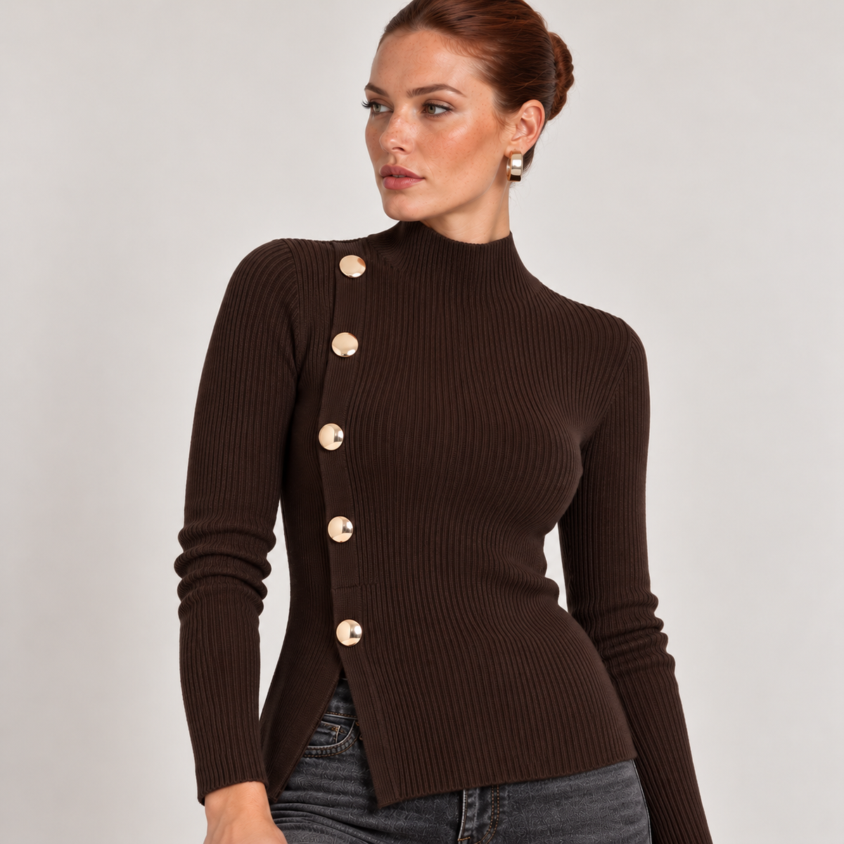Maglia a coste bottoni e spacco slim fit Moro