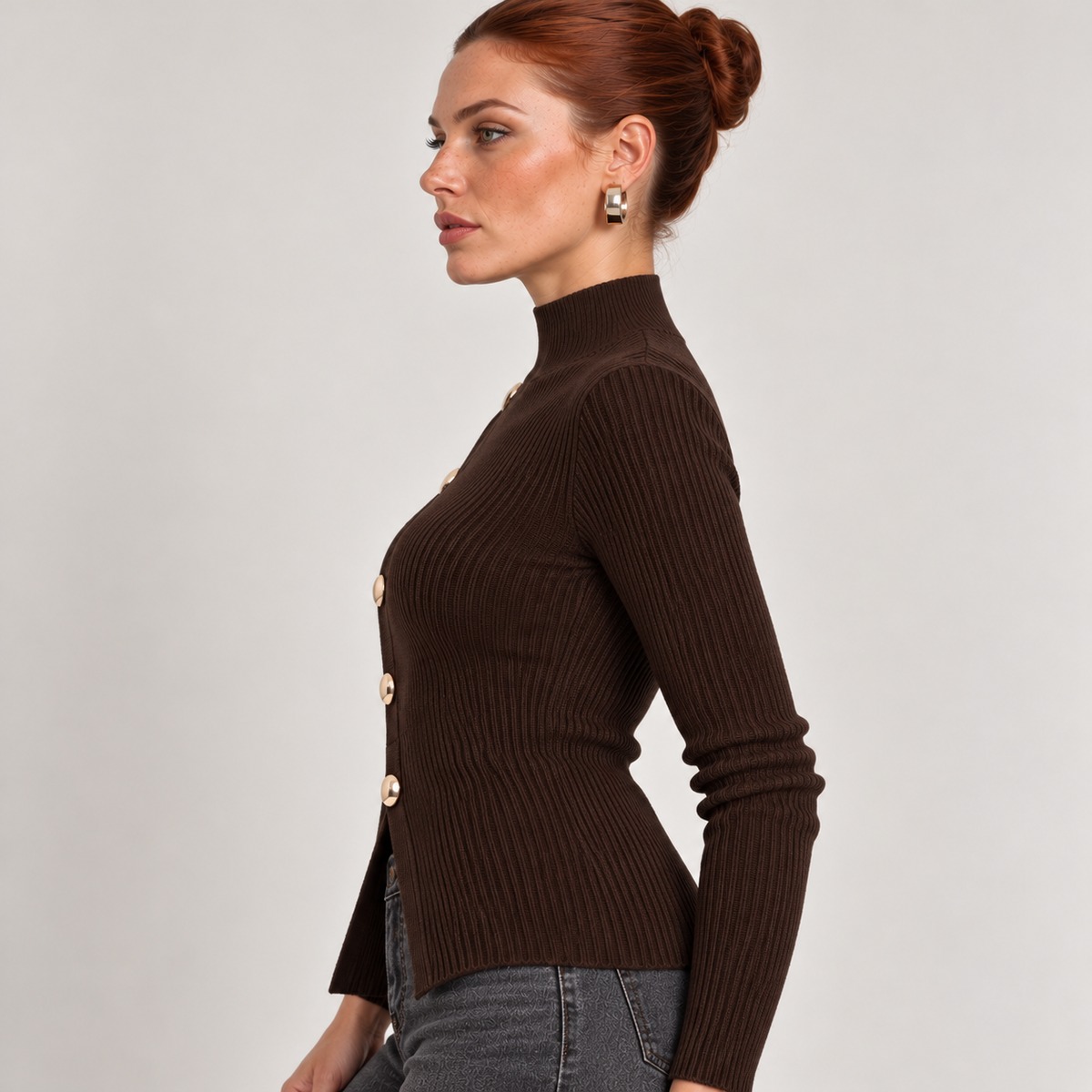 Maglia a coste bottoni e spacco slim fit Moro