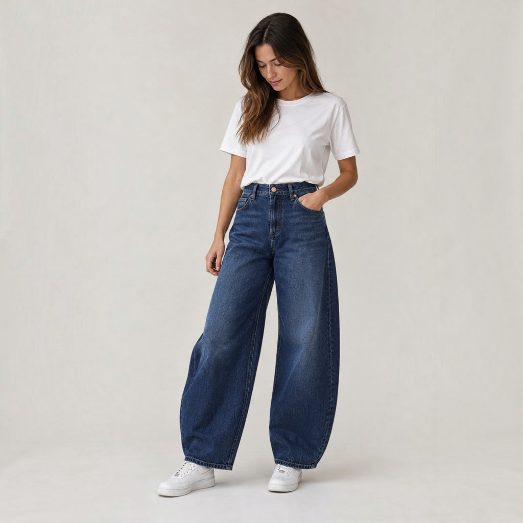 Pantaloni Jeans A Gamba Larga A Vita Alta