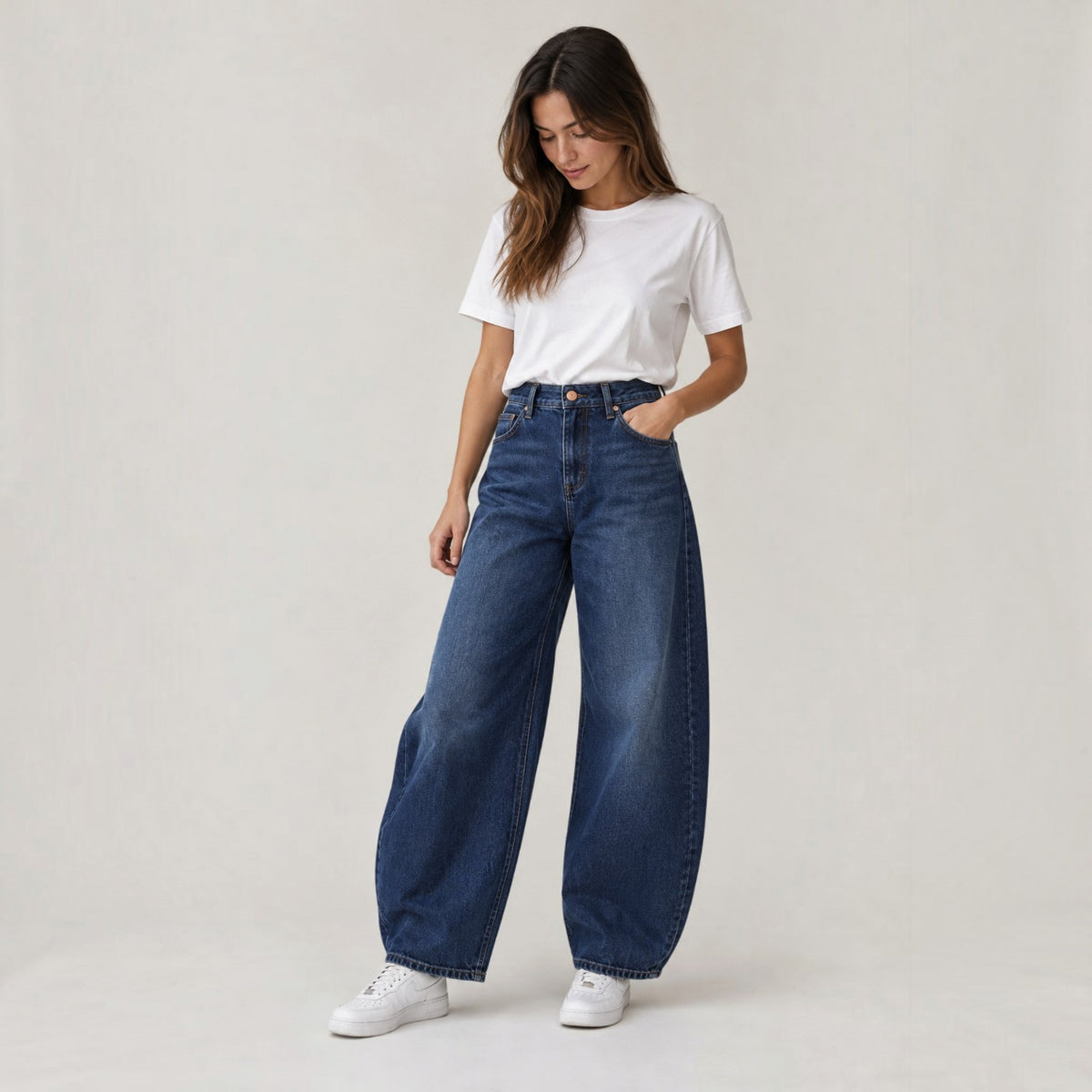 Pantaloni Jeans A Gamba Larga A Vita Alta