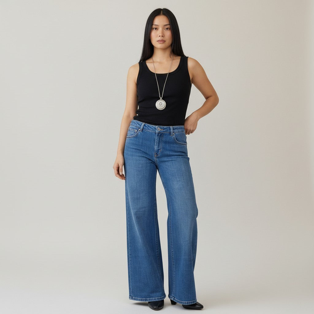Modella indossa jeans a gamba larga Teresa C. Casual Chic Lab in denim blu medio con canotta nera e collana lunga