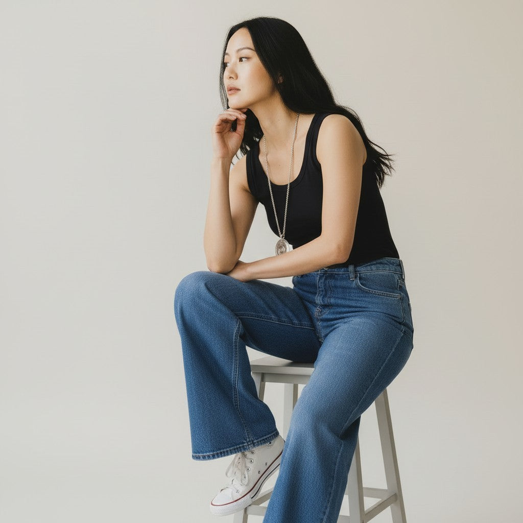 Modella seduta indossa jeans a gamba larga Teresa C. Casual Chic Lab in denim blu medio con canotta nera e sneakers
