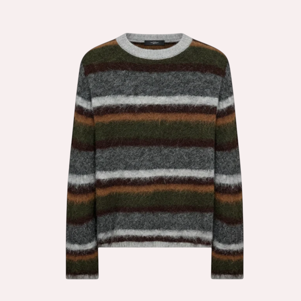 Maglione a righe Teresa C. Casual Chic Lab in morbido misto lana spazzolata con girocollo, toni marrone, verde e grigio